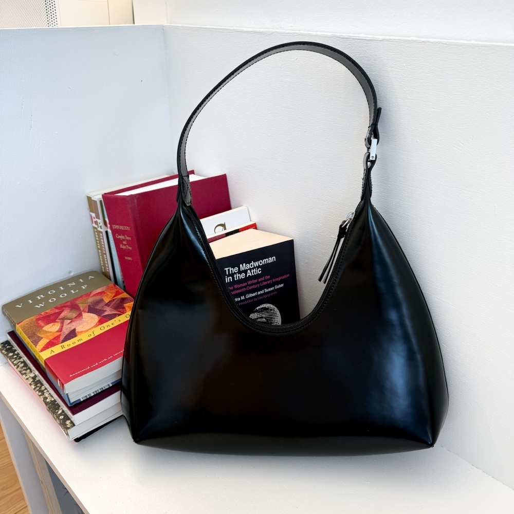 by far amber semi patent black leather bag